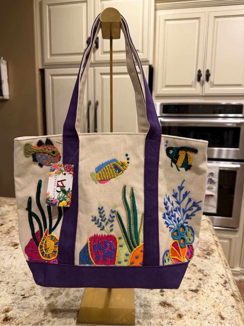 America & Beyond Canvas Boat Tote Bag with Purple Trim and Marine Embroidery